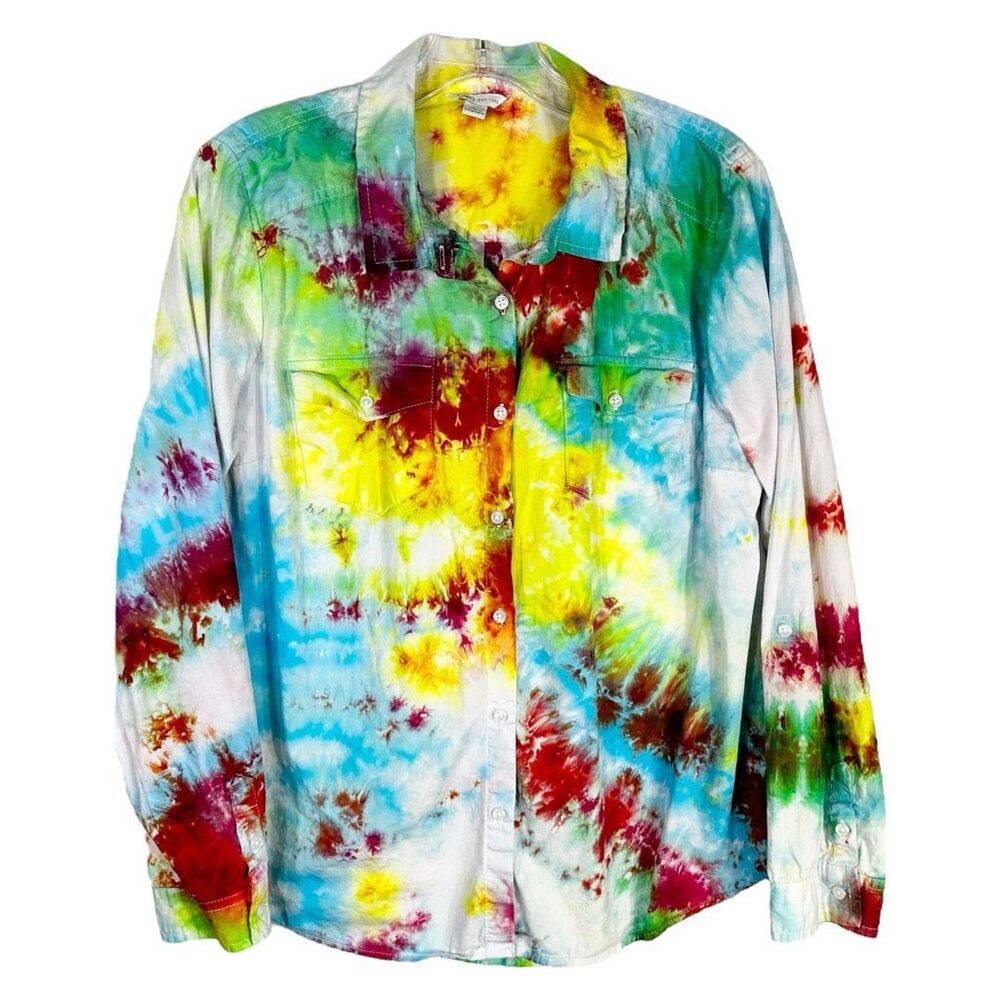 Cato Size Large Top The Drama Tie Dye Handmade Button Down Pink Green Cotton 954